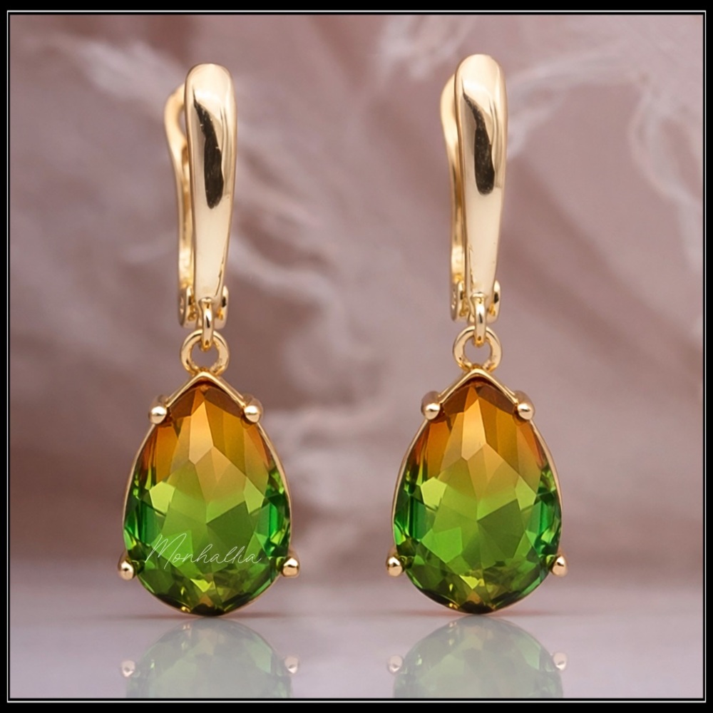 New 14k Gold Green Harvest Tourmaline Teardrop Earrings - Picture 4 of 6